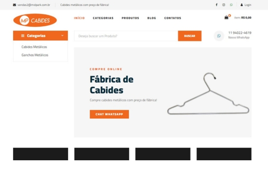 Interface de ecommerce da MP Cabides, com destaque para produtos e design de fácil navegação